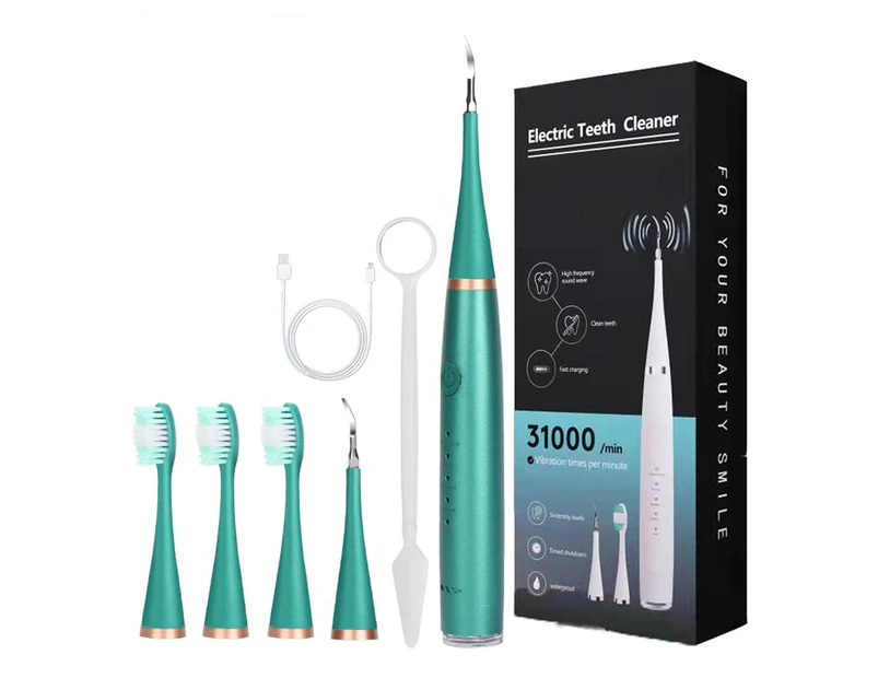 Electric Toothbrush Teeth Whiten Cleaning Tool Kit With 3 Brush Heads Remove Calculus Plaque Tartar Yellow Teeth Smoke Stains - Green