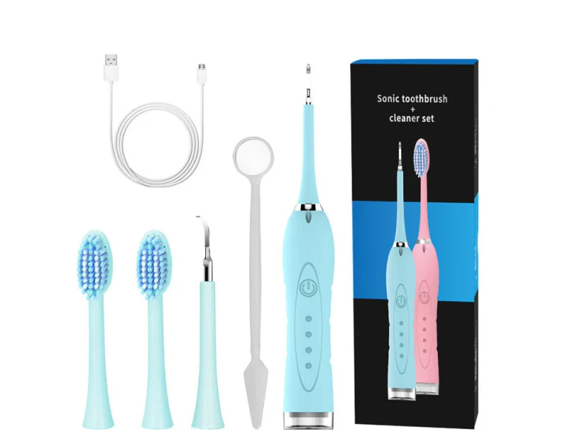 4 Modes Electric Toothbrush Sonic Dental Scaler USB Rechargable for Adults Waterproof Dental Calculus Remover with Tooth Brush Heads - Blue