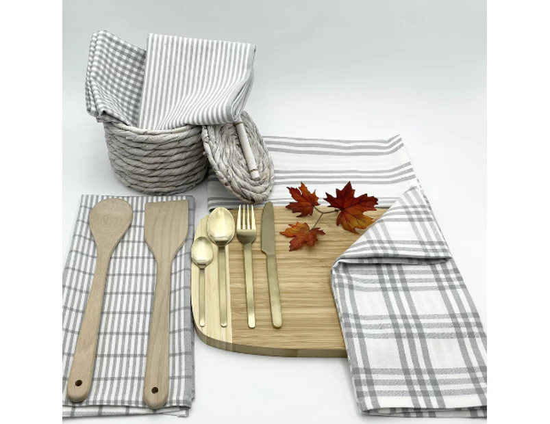 RANS Milan Tea Towels Check & Stripe Designs | 5 Piece Sets | GREY