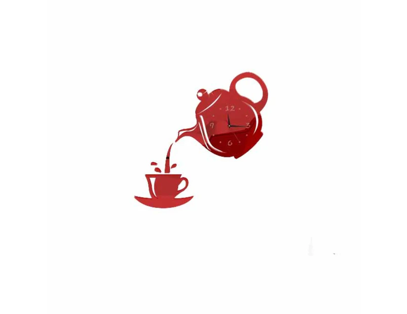 Creative 3D Teapot Cup Acrylic Mirror Wall Clock Stickers DIY Home Decor Decals-Red
