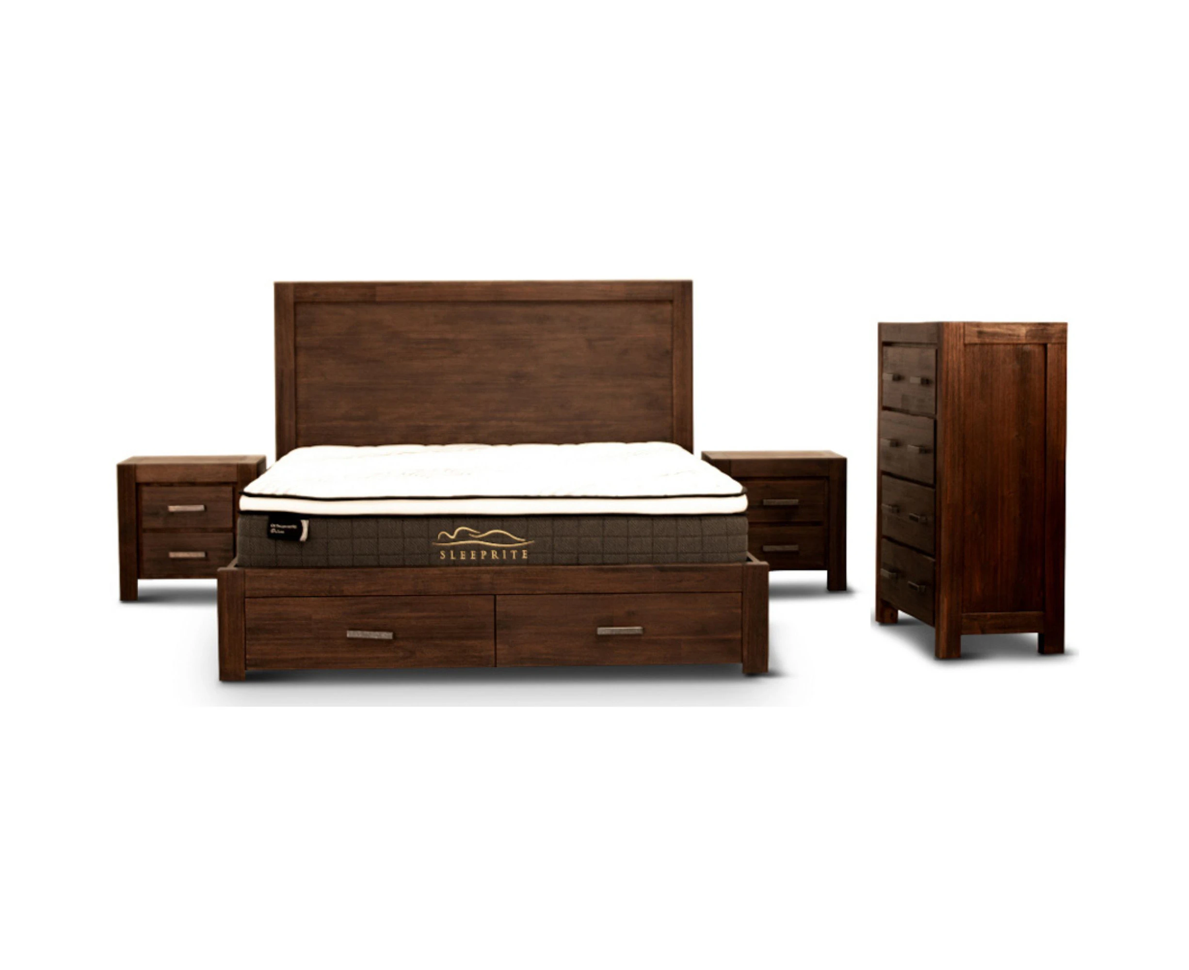 Comfortis 4pc King Bed Frame Suite Bedside Tallboy Furniture Package - Walnut