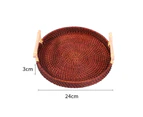 Round Rattan Storage Tray with Two Handle Ratten Fruit Food Handwoven Severing Tray for Home-Dark Coffee