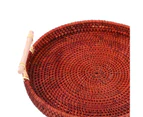 Round Rattan Storage Tray with Two Handle Ratten Fruit Food Handwoven Severing Tray for Home-Dark Coffee