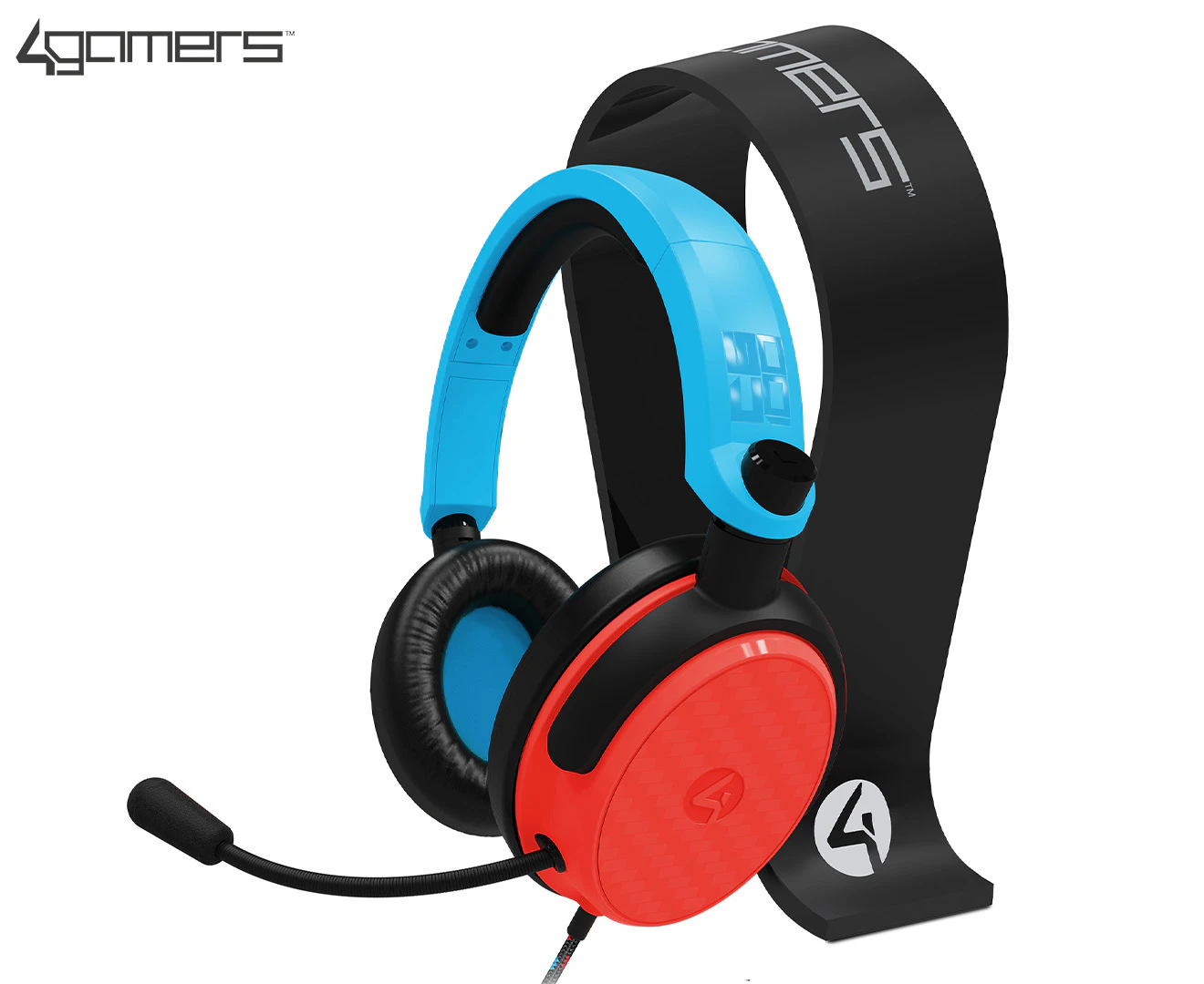 4Gamers C6-100 Universal Wired Gaming Headset & Stand - Black/Neon Blue/Red