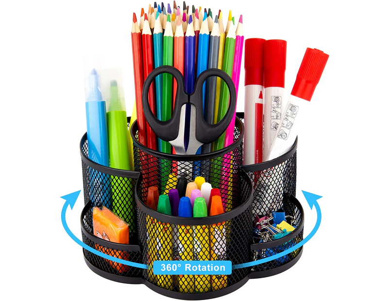 Mesh Pen Holder for Desk, 360-Degree Rotating Desk Organizer Pencil Holder with 7 Compartments, Metal Stationary Organizer