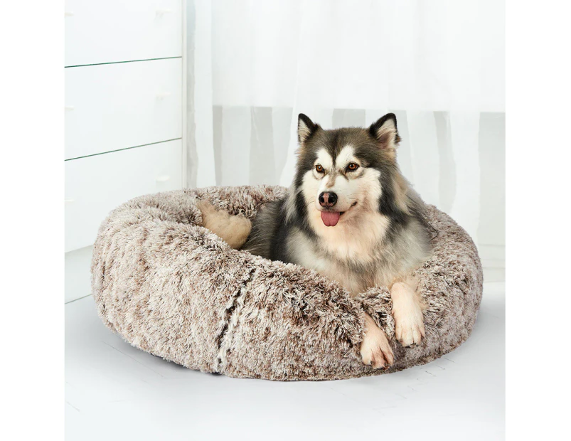 Pawz Pet Bed Cat Dog Donut Nest Calming Mat Soft Plush Kennel Brown Size M