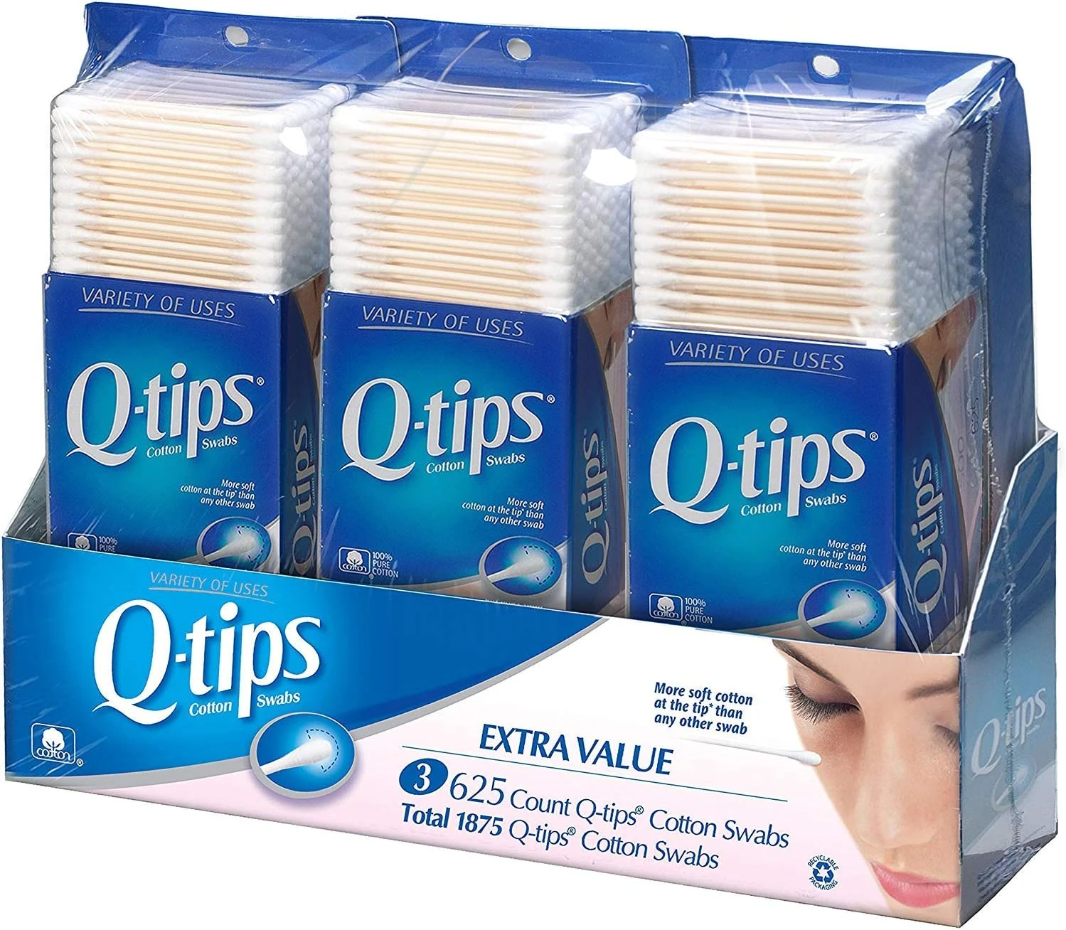 Q-tips Cotton Swabs, Club Pack 625 ct, Pack of 3