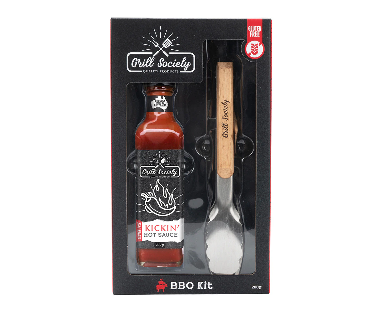 2pc Grill Society Cooking BBQ Food/Meat Tong & Kickin Hot Sauce Kit Set 280g