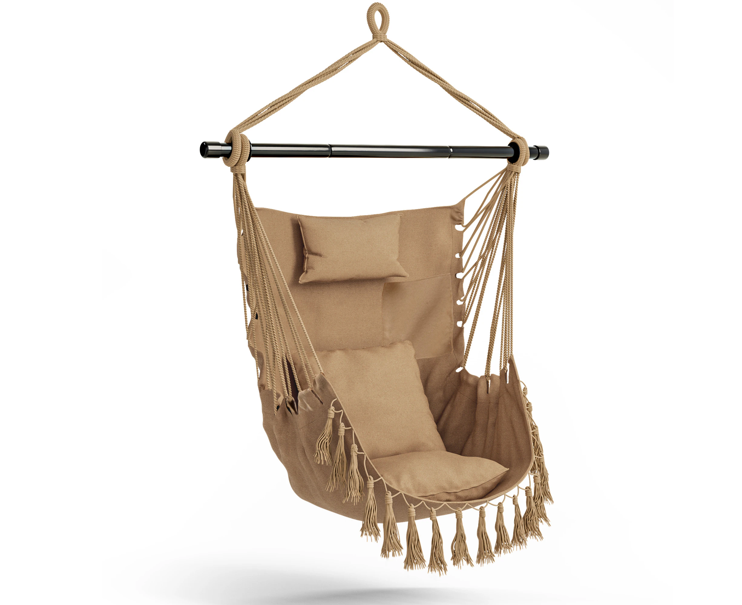 Costway Hammock Macrame Chair Hanging Swing Chair w/Pillow & Installation Kit Home Garden Beige