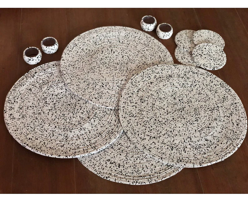 Master Piece Crafts White and Black 14" Beaded Placemats, 4" Coasters and Napkin Ring Set, Set of 4