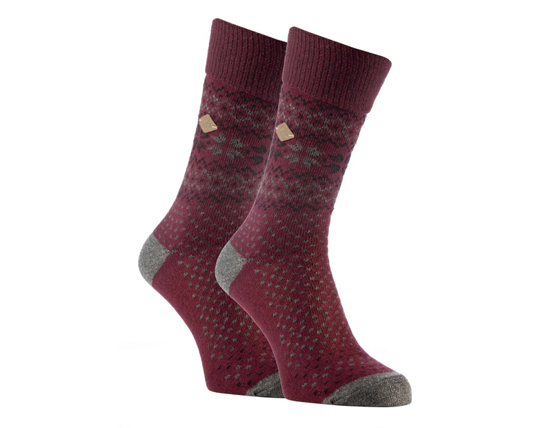 2 Pack Mens Winter Fairisle Patterned Formal Dress Socks for Boots - Red / Grey