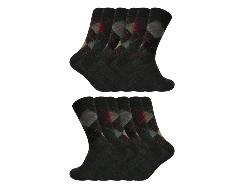 12 Pair Multipack Mens Lambswool Socks | Sock Snob | Thin and Soft Honeycomb Top Argyle Patterned Socks - Grey