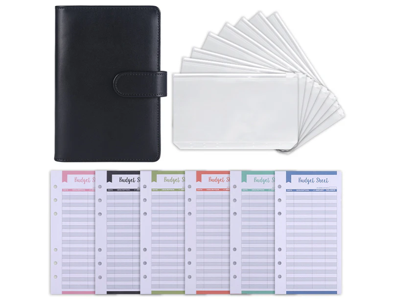 1 Set Budget Book Loose Leaf Multi-use Faux Leather Money Saving Schedule Planner for School-Black