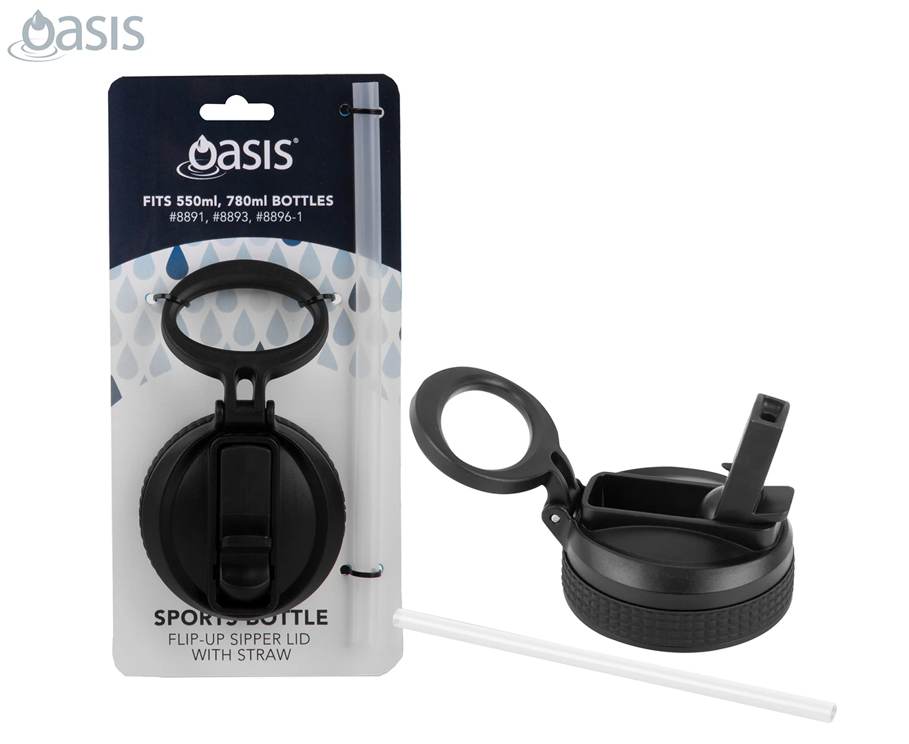 Oasis Sports Bottle Flip-Up Sipper Lid w/ Straw - Black