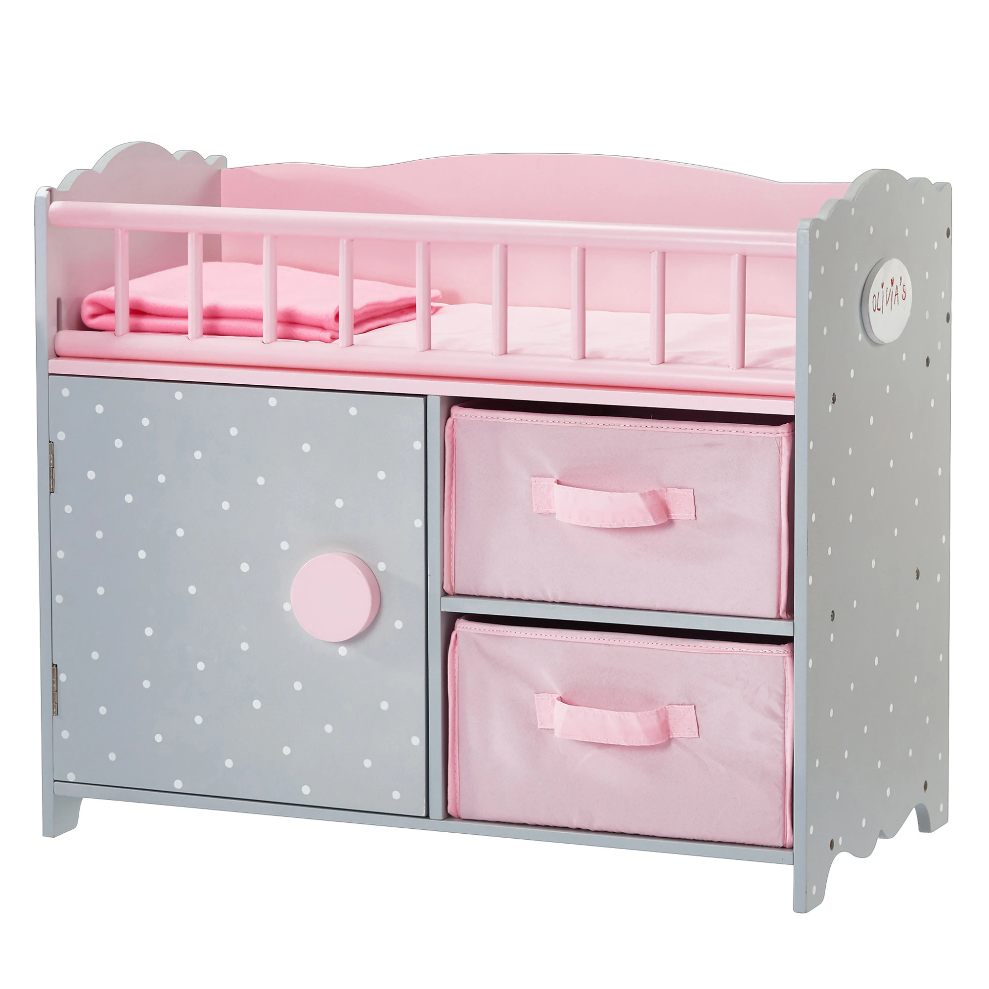 Olivia's Little World Polka Dots Princess Baby Doll Crib with Storage & Bedding, Pink/Gray