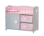 Polka Dots Princess Baby Doll Wooden Crib Bed with Storage Bin - Gift Toys for Girls - Pink & Gray Polka Dots