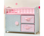 Polka Dots Princess Baby Doll Wooden Crib Bed with Storage Bin - Gift Toys for Girls - Pink & Gray Polka Dots