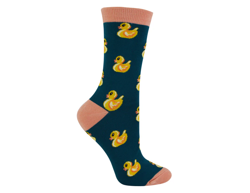 Women's Novelty Rubber Ducks Socks | Miss Sparrow | Soft Breathable Duck Pattern Bamboo Socks - Teal