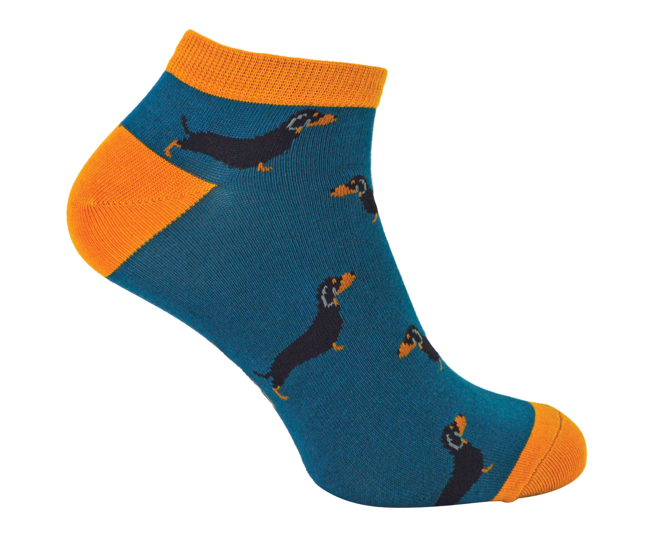 Mens Bamboo Trainer Socks | Mr Heron | Animal Themed Breathable Low Cut Sneaker Socks - Sausage Dog (Teal)