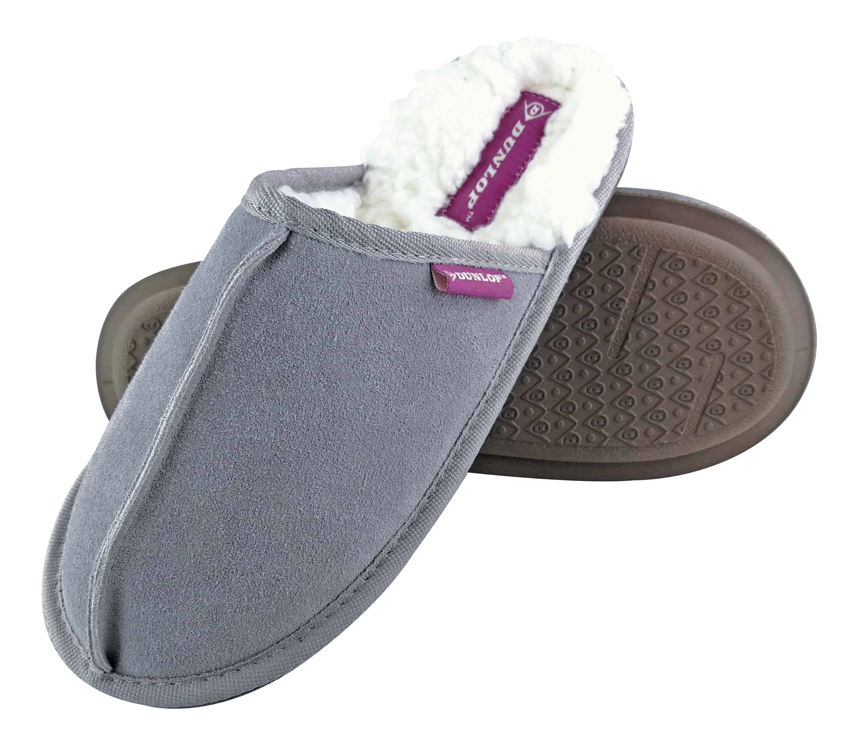 Dunlop - Ladies Winter Warm Cute Plush Comfy Mules Suede Slippers - Grey