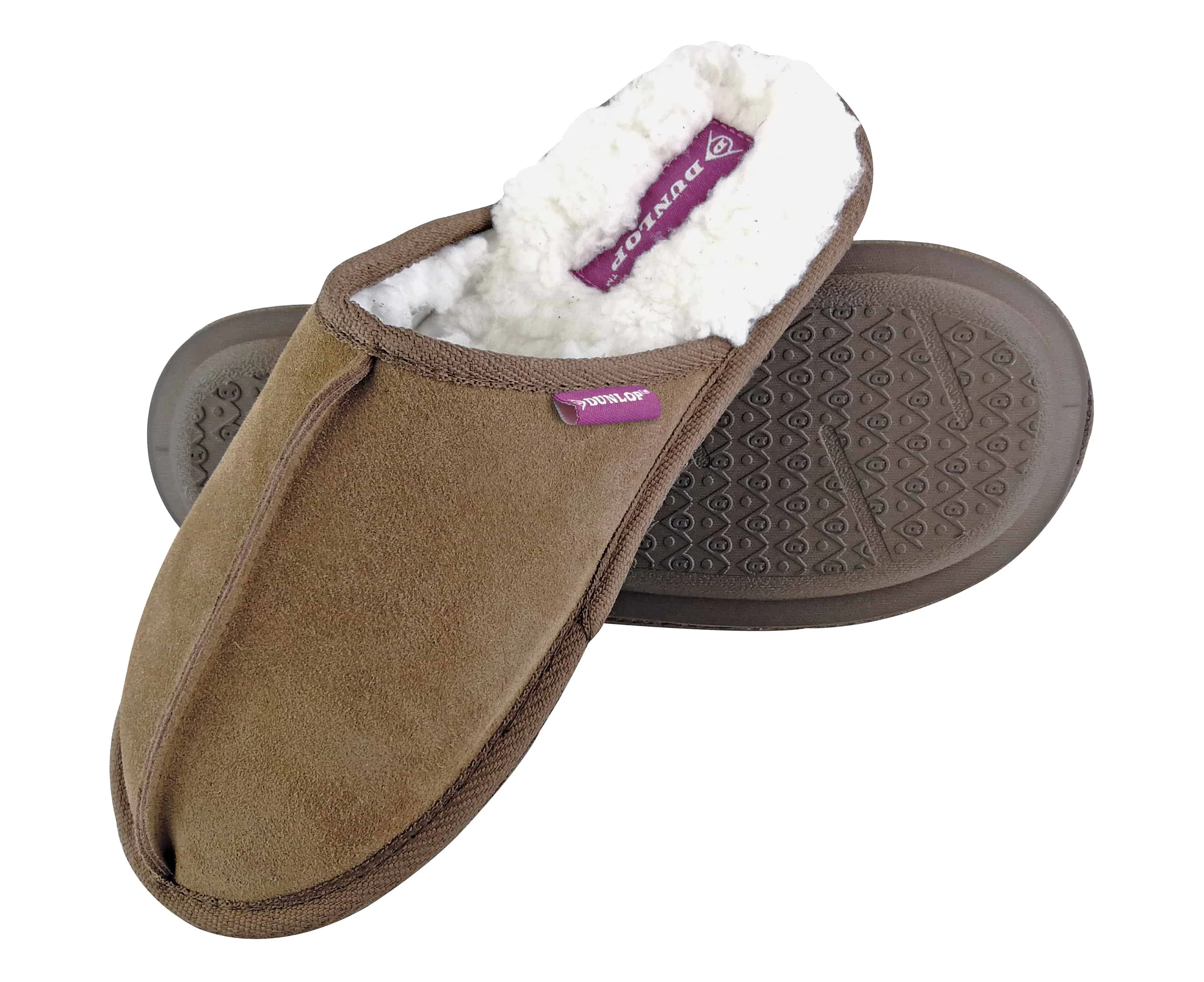 Dunlop - Ladies Winter Warm Cute Plush Comfy Mules Suede Slippers - Tan