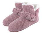 Dunlop - Ladies Knitted Warm Fleece Plush Slippers Boots/Booties in Grey Fairisle and Pink Cord Styles - Pink