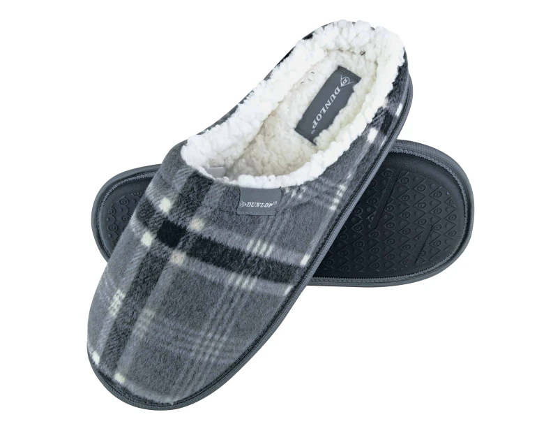Dunlop - Mens Warm Plush Fleece Lined Slip on Mule Checked Plaid House Slippers - Grey