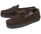 DUNLOP - Mens Suede Leather Faux Fur Lined Moccasin Slippers with Memory Foam & Rubber Sole - Dark Brown