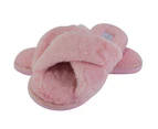 Miss Sparrow - Womens Open Toe Bedroom House Slippers with Back | Soft Fluffy Plush Cozy Non-Slip Crossover Sliders - Pink