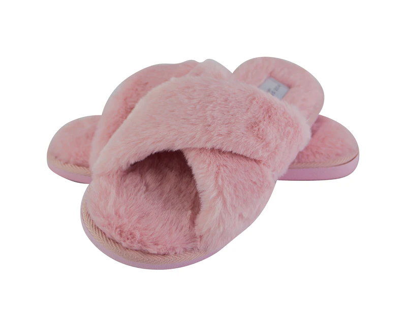 Miss Sparrow - Womens Open Toe Bedroom House Slippers with Back | Soft Fluffy Plush Cozy Non-Slip Crossover Sliders - Pink