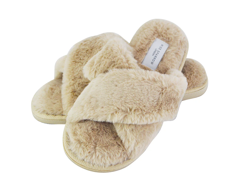 Miss Sparrow - Womens Open Toe Bedroom House Slippers with Back | Soft Fluffy Plush Cozy Non-Slip Crossover Sliders - Beige