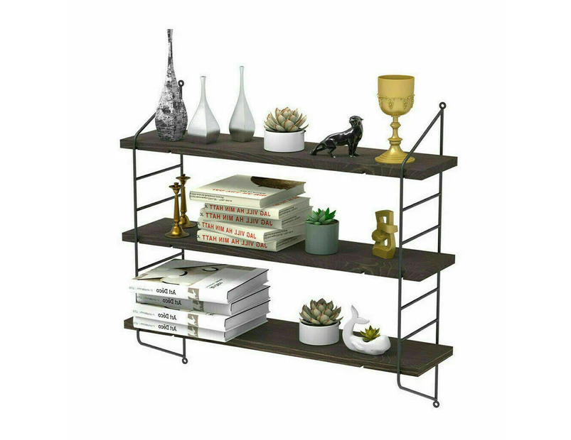 3 Tier Heavy Duty Iron Frame Adjustable Wood Floating Shelf Bookshelf Wall Storage Unit