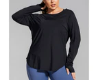 Bonivenshion Women's Plus Size Mesh Workout Tops Long Sleeve Sport T-shirt Summer Activewear Loose Fit Athletic Yoga Tee Tops - Black