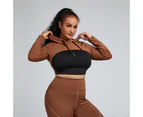 Bonivenshion Women's Plus Size Workout Tops V-neck Long Sleeve Sport T-shirt Summer Activewear Loose Fit Athletic Yoga Tee Tops - Brown