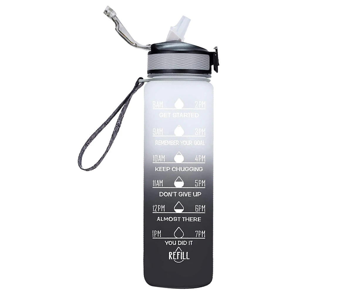 1L Sports Water Bottle Large Capacity Straw Time Motivational Drinking Bottle Fitness Gym - White Black