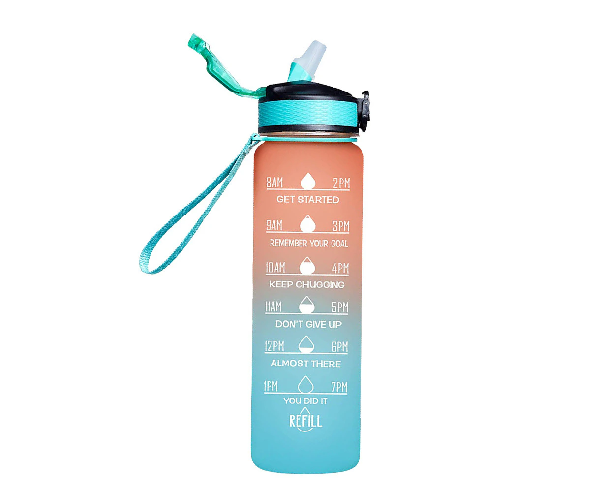 1L Sports Water Bottle Large Capacity Straw Time Motivational Drinking Bottle Fitness Gym - Orang Blue