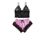 Women Sexy Lace Splicing Underwear Dress Thigh Strap Bodysuit Nightwear Set - Light Purple