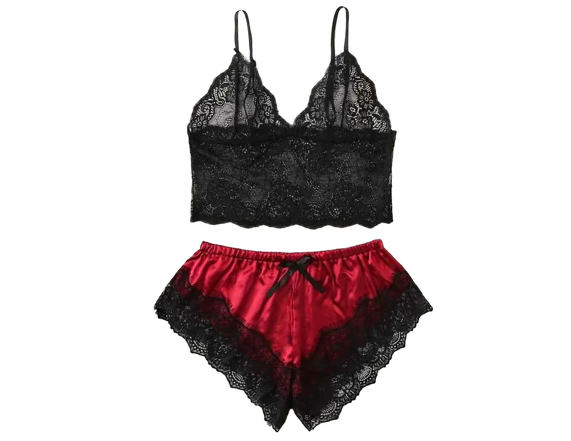 Women Sexy Lace Splicing Underwear Dress Thigh Strap Bodysuit Nightwear Set - Red
