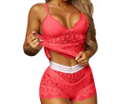 3 Pcs/Set Lady Pajamas Set See-through High Waist Solid Color Thin Soft Lace Above Knee Deep V Neck Spaghetti Strap Nighty Suit for Romantic Night - Red