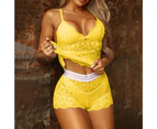 3 Pcs/Set Lady Pajamas Set See-through High Waist Solid Color Thin Soft Lace Above Knee Deep V Neck Spaghetti Strap Nighty Suit for Romantic Night - Yellow