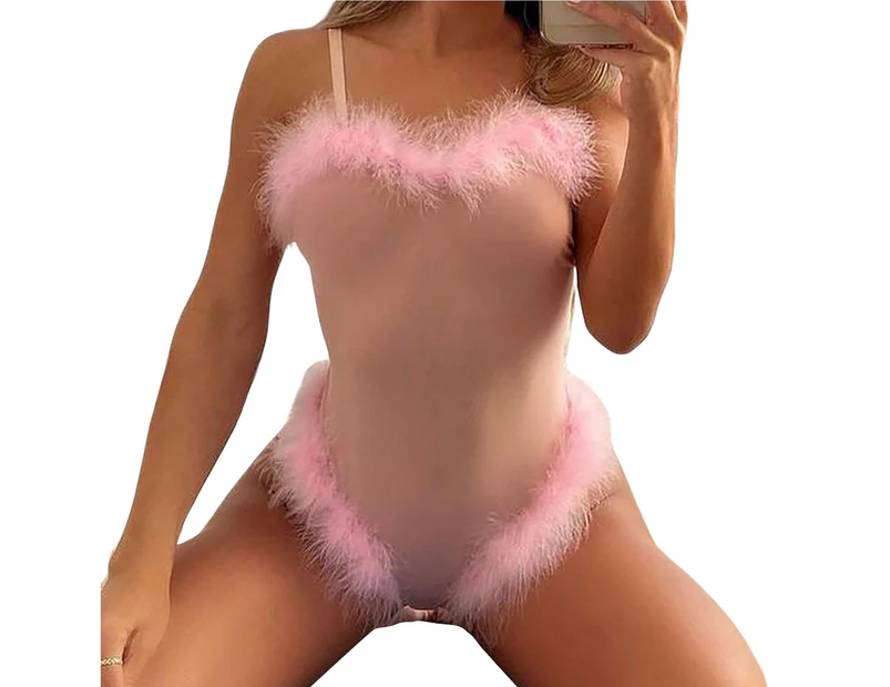 Nightclub Bodysuit See-through Mesh Skinny Sleeveless Sexy Perspective Slim Fit Ultra Thin Fluffy Spaghetti Strap Lady Playsuit for Romantic Night - Pink