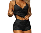 3 Pcs/Set Lady Pajamas Set See-through High Waist Solid Color Thin Soft Lace Above Knee Deep V Neck Spaghetti Strap Nighty Suit for Romantic Night - Black