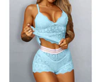 3 Pcs/Set Lady Pajamas Set See-through High Waist Solid Color Thin Soft Lace Above Knee Deep V Neck Spaghetti Strap Nighty Suit for Romantic Night - Blue