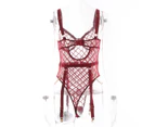 Women Bodysuit Solid Color Adjustable Lace Backless Tight Waist Bodycon See-through Hollow Out Fishnet Nightclub Playsuit Female Clothes - Wine Red