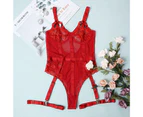 Women Bodysuit Sexy Skinny Backless Hollow Out Solid Color Tight Waist Slim Fit See-through Lace Sleeveless Night Playsuit Female Clothes - Wine Red
