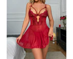 2Pcs/Set Deep V-Neck Backless Hollow Out Sleepwear Thong Set Bowknot Decor Lace Patchwork Sling Sleepwear Thong Set Ladies Clothing - Wine Red