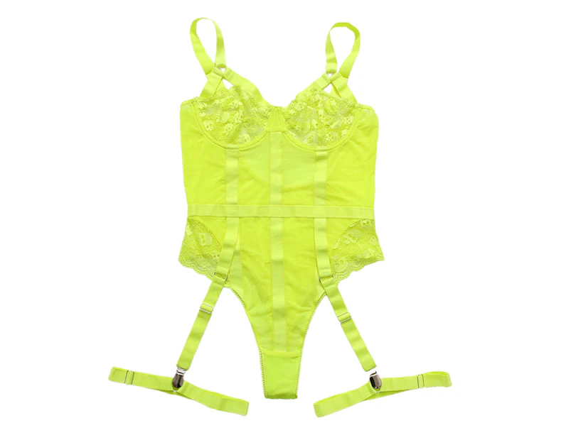 Women Bodysuit Sexy Skinny Backless Hollow Out Solid Color Tight Waist Slim Fit See-through Lace Sleeveless Night Playsuit Female Clothes - Fluorescent Green