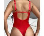Women Bodysuit Sexy Skinny Backless Hollow Out Solid Color Tight Waist Slim Fit See-through Lace Sleeveless Night Playsuit Female Clothes - Red