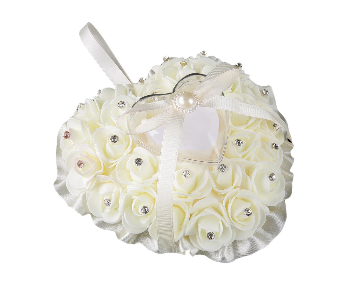 Rose Flower Rhinestone Heart Shaped Satin Bowknot Ring Box Pillow Wedding Gift-Beige