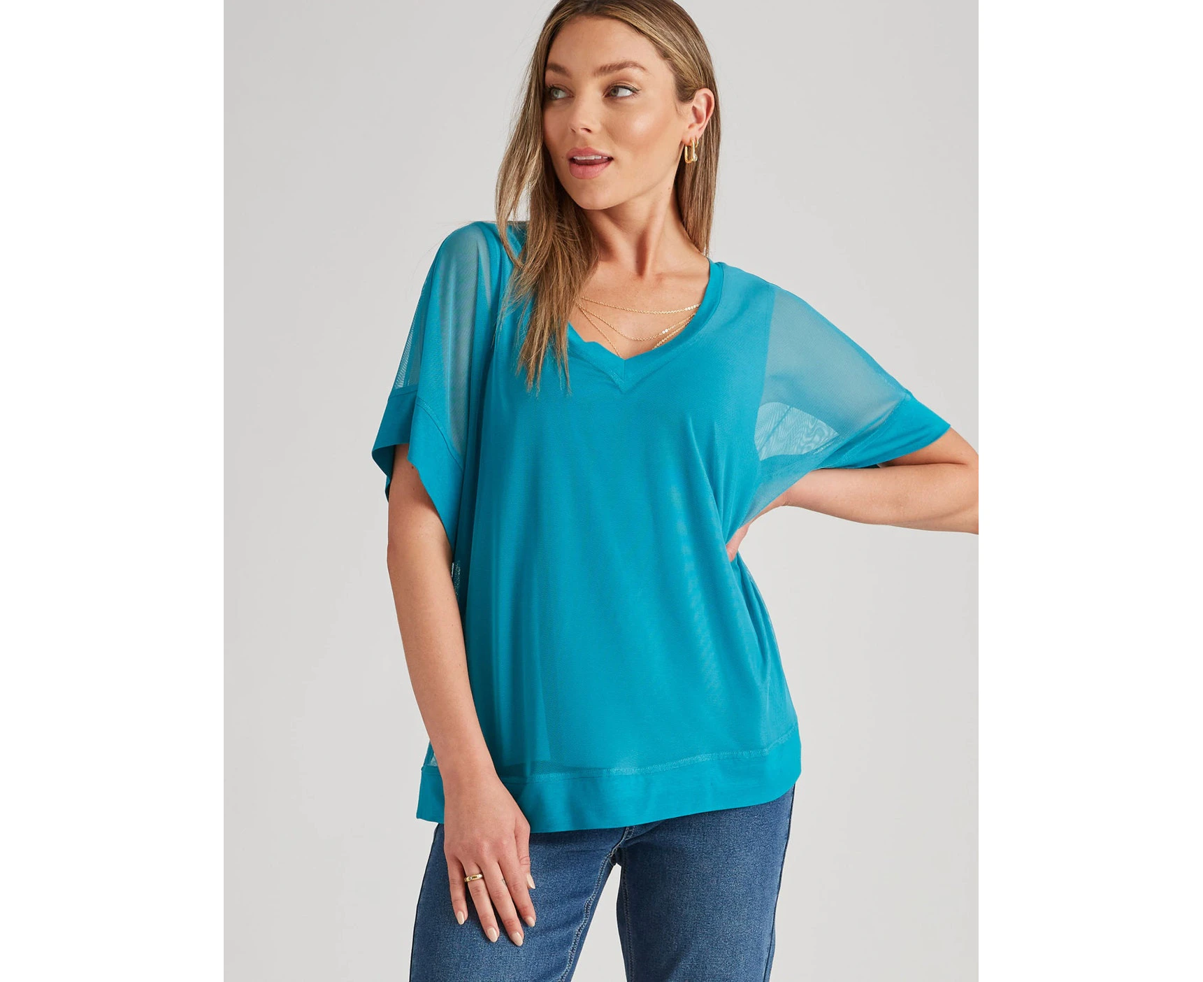 Rockmans - Womens Summer Tops - Green Tshirt / Tee - Elastane - Casual Clothing - Teal - Relaxed Fit - Elbow Sleeve - V Neck - Regular - Work Wear